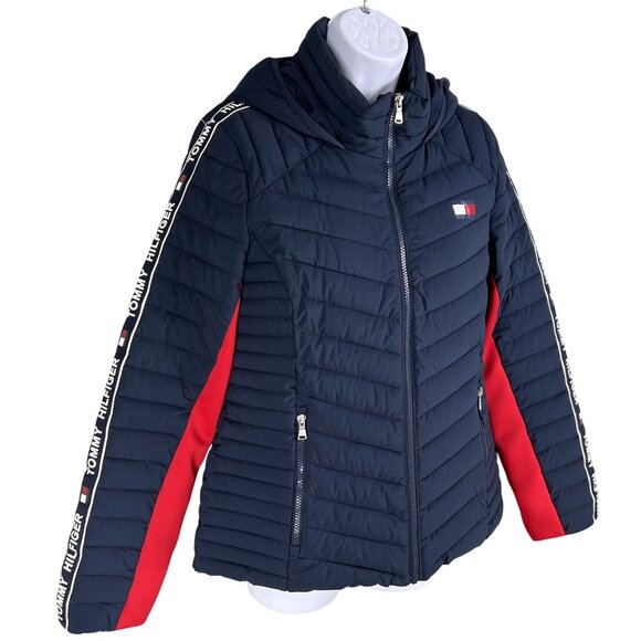 Tommy Hilfiger Women M Puffer Hooded Jacket Branded Strip Down Sleeves Flag Logo - Picture 8 of 16